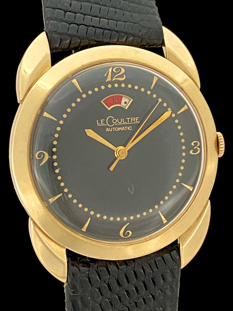 1950 s 14k Gold LeCoultre Powermatic Black Dial Fancy Lugs