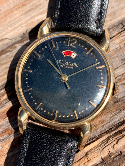 1940's LeCoultre Powermatic 14k Gold Black Gilt Dial Horn Lugs 2705