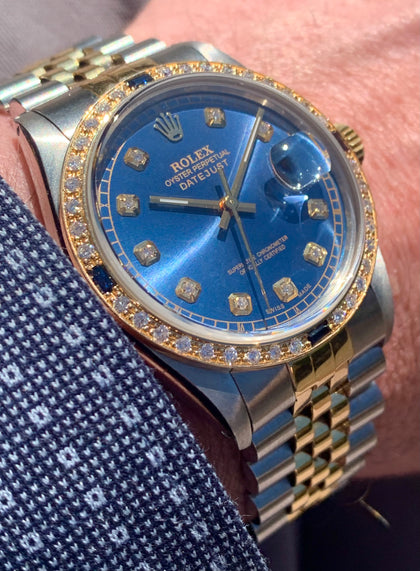 1988 Rolex Oyster Perpetual Datejust 2-Tone Diamond Sapphire Bezel 16013