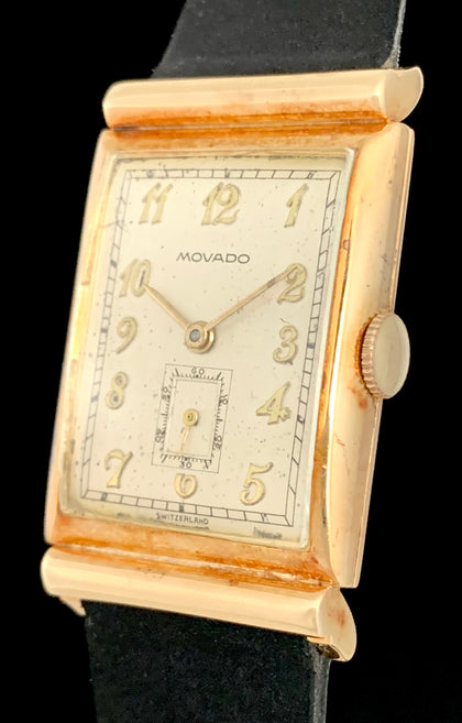 1940s Movado 14k Gold Art Deco Tank Breguet Numeral Dial