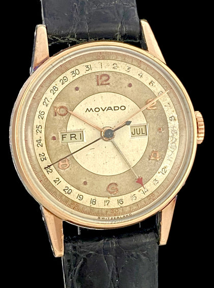 1940’s Movado Triple-Date Calendar 14k Rose Gold on Stainless Steel
