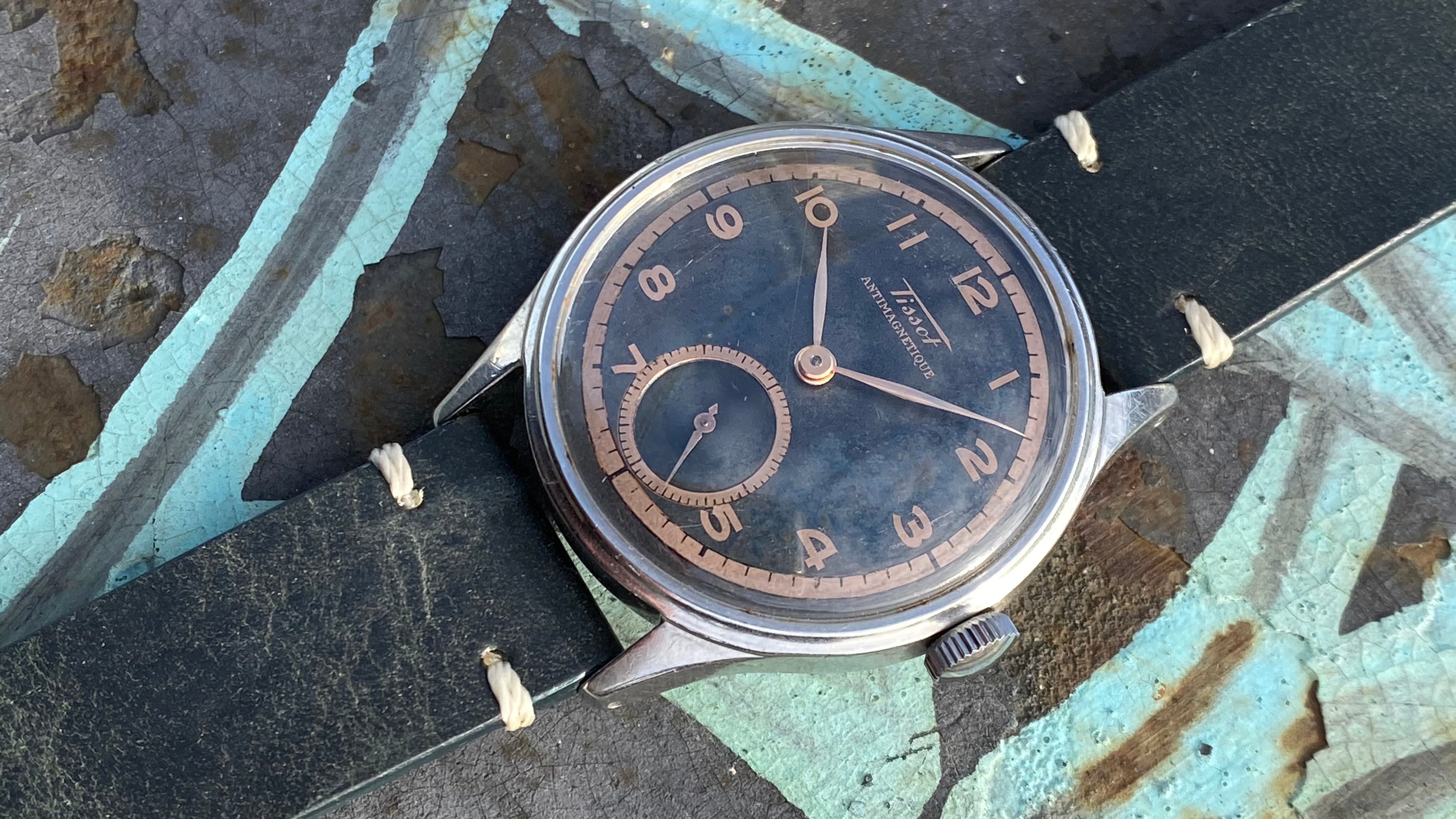 1945 Tissot Antimagnetique Black Rose Oil Slick Dial 6445 2