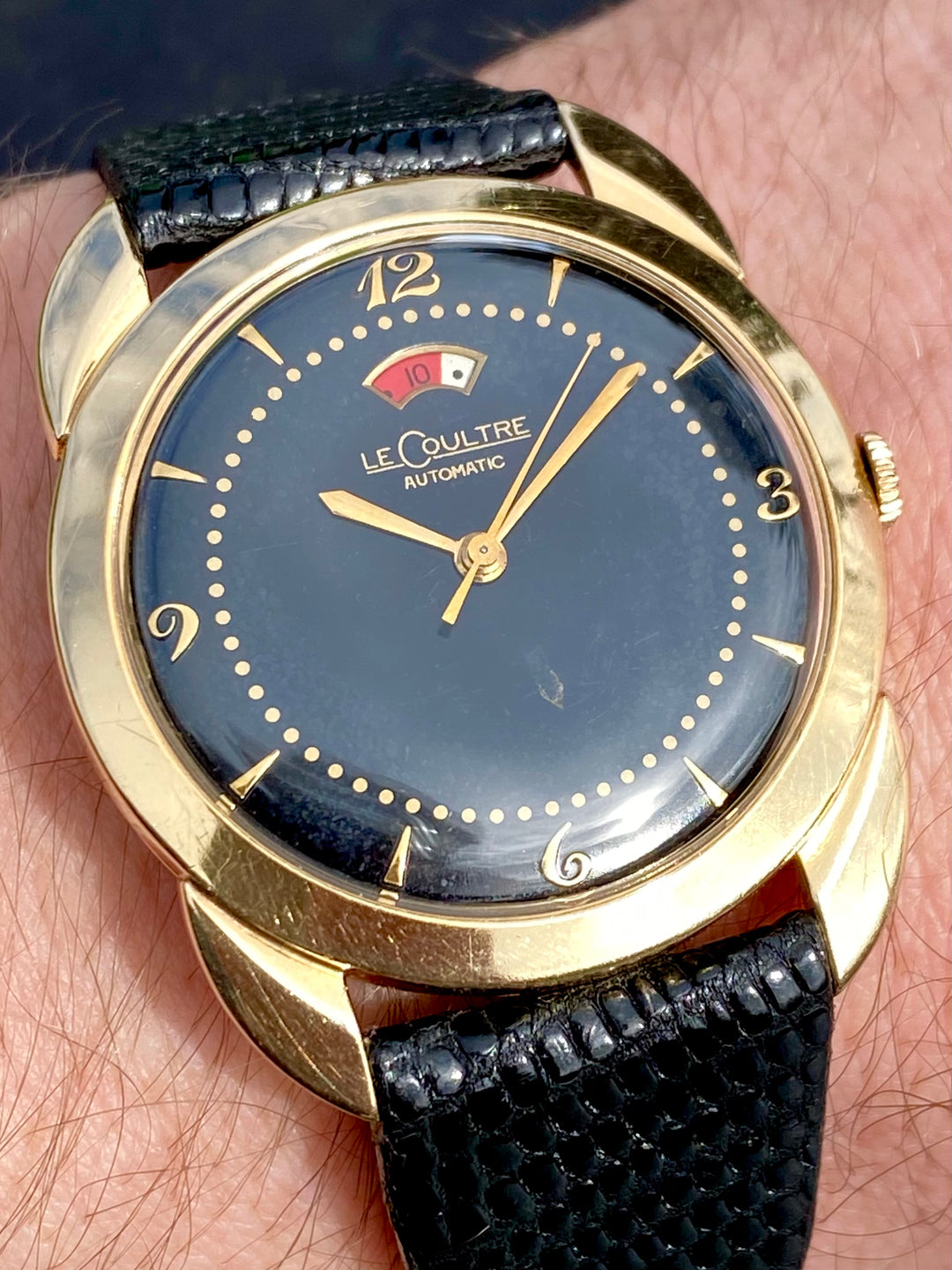 1950 s 14k Gold LeCoultre Powermatic Black Dial Fancy Lugs Power Reser Meticulous Watches