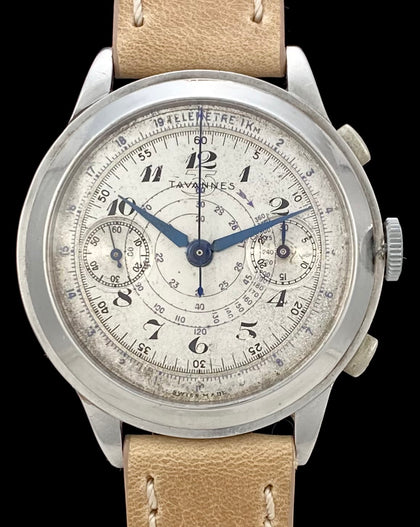 1930s Art Deco 39mm Tavannes Chronograph Staybrite Stainless Steel Snail Dial